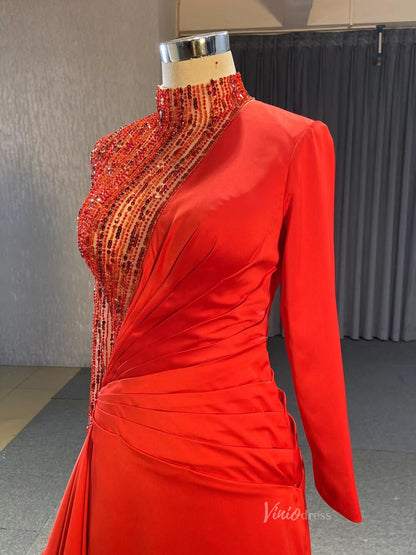 Long Sleeve Red Formal Dress Modest High Neck Overskirt Prom Gown 231066-prom dresses 2025 -Viniodress-Red-Custom Size-