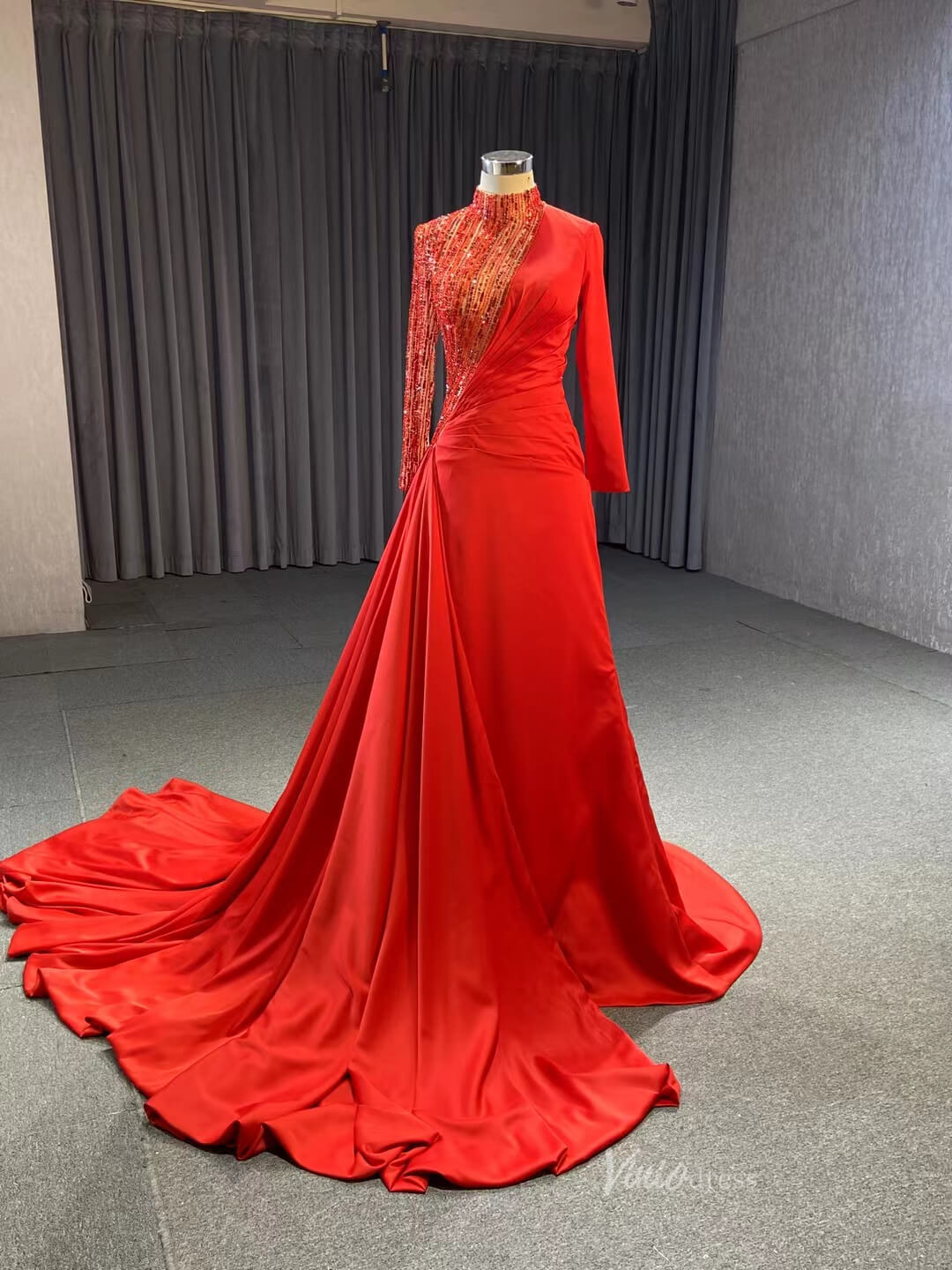 Long Sleeve Red Formal Dress Modest High Neck Overskirt Prom Gown 231066-prom dresses 2025 -Viniodress-Red-Custom Size-