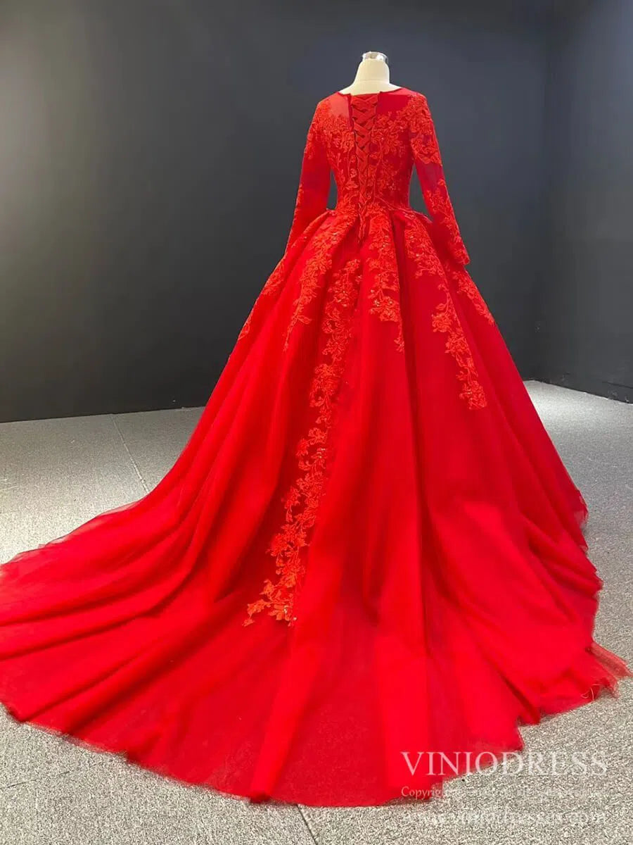 Long Sleeve Red Lace Appliqued Prom Dresses FD1602B viniodress-prom dresses 2025 -Viniodress-Red-Custom Size-