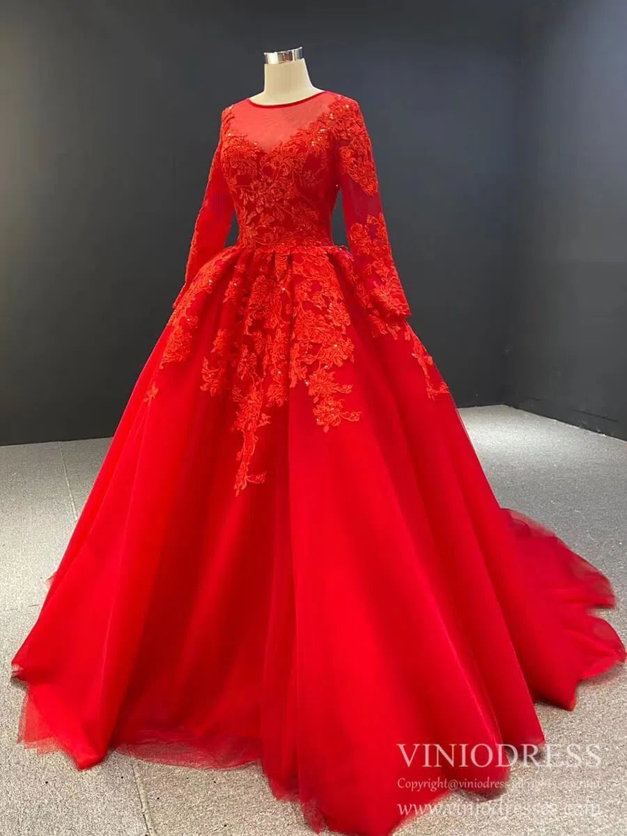 Long Sleeve Red Lace Appliqued Prom Dresses FD1602B viniodress-prom dresses 2025 -Viniodress-Red-Custom Size-