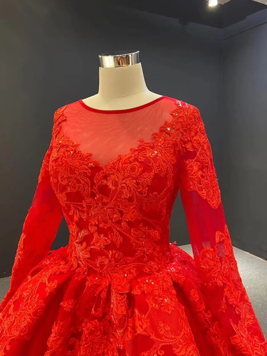 Long Sleeve Red Lace Appliqued Prom Dresses FD1602B viniodress-prom dresses 2025 -Viniodress-Red-Custom Size-