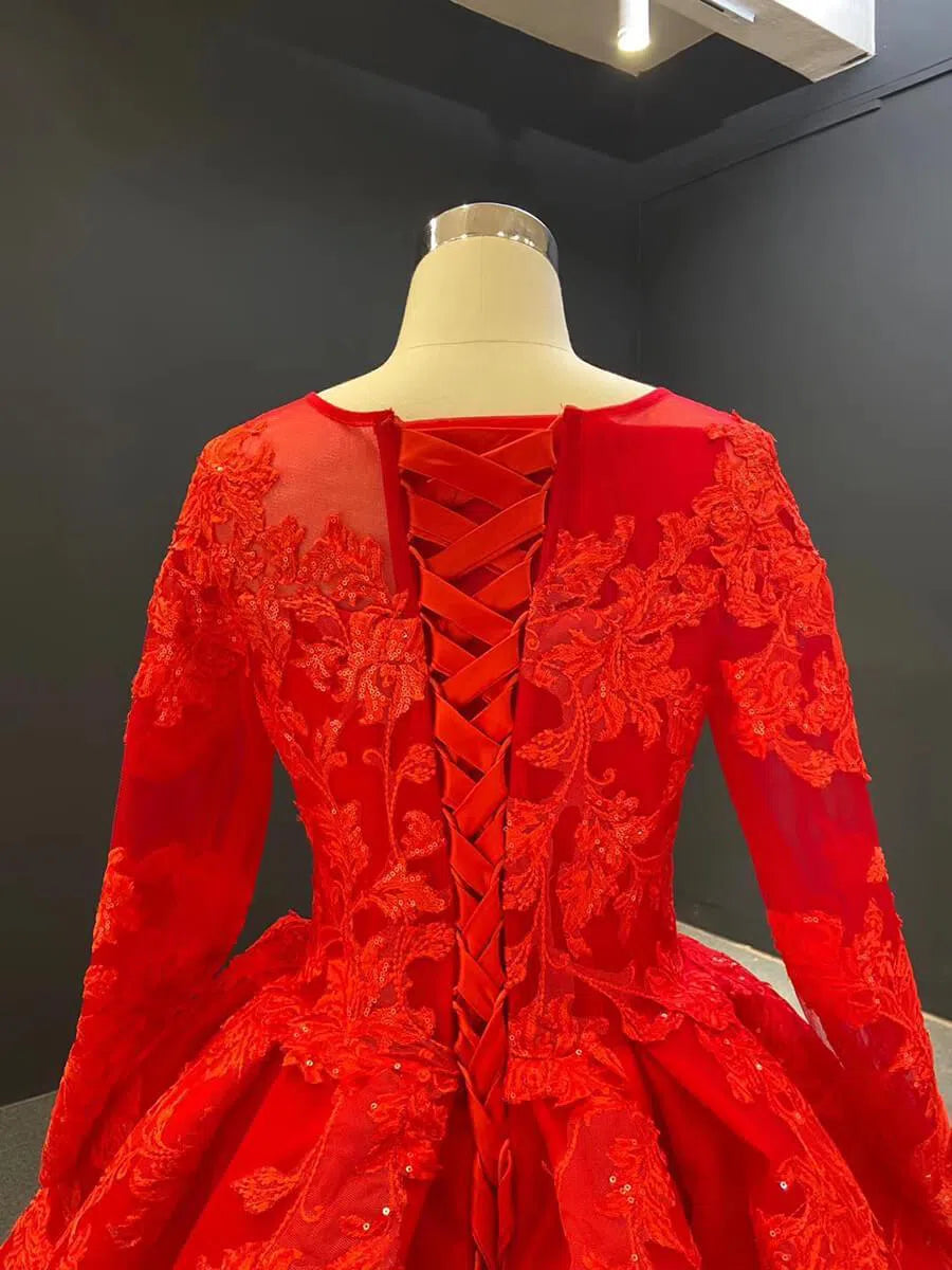 Long Sleeve Red Lace Appliqued Prom Dresses FD1602B viniodress-prom dresses 2025 -Viniodress-Red-Custom Size-