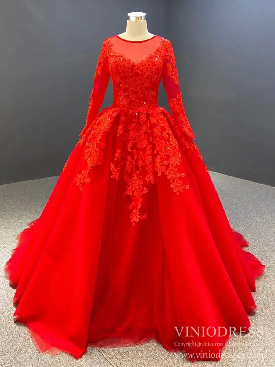 prom dresses 2025 Long Sleeve Red Lace Appliqued Prom Dresses FD1602B viniodress-plus size wedding dresses Viniodress-Red-Custom Size-