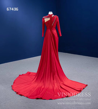 Long Sleeve Red Mermaid Pageant Dress Overskirt Formal Gown 67436-prom dresses 2025 -Viniodress-Red-Custom Size-