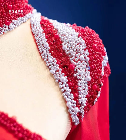 Long Sleeve Red Mermaid Pageant Dress Overskirt Formal Gown 67436-prom dresses 2025 -Viniodress-Red-Custom Size-