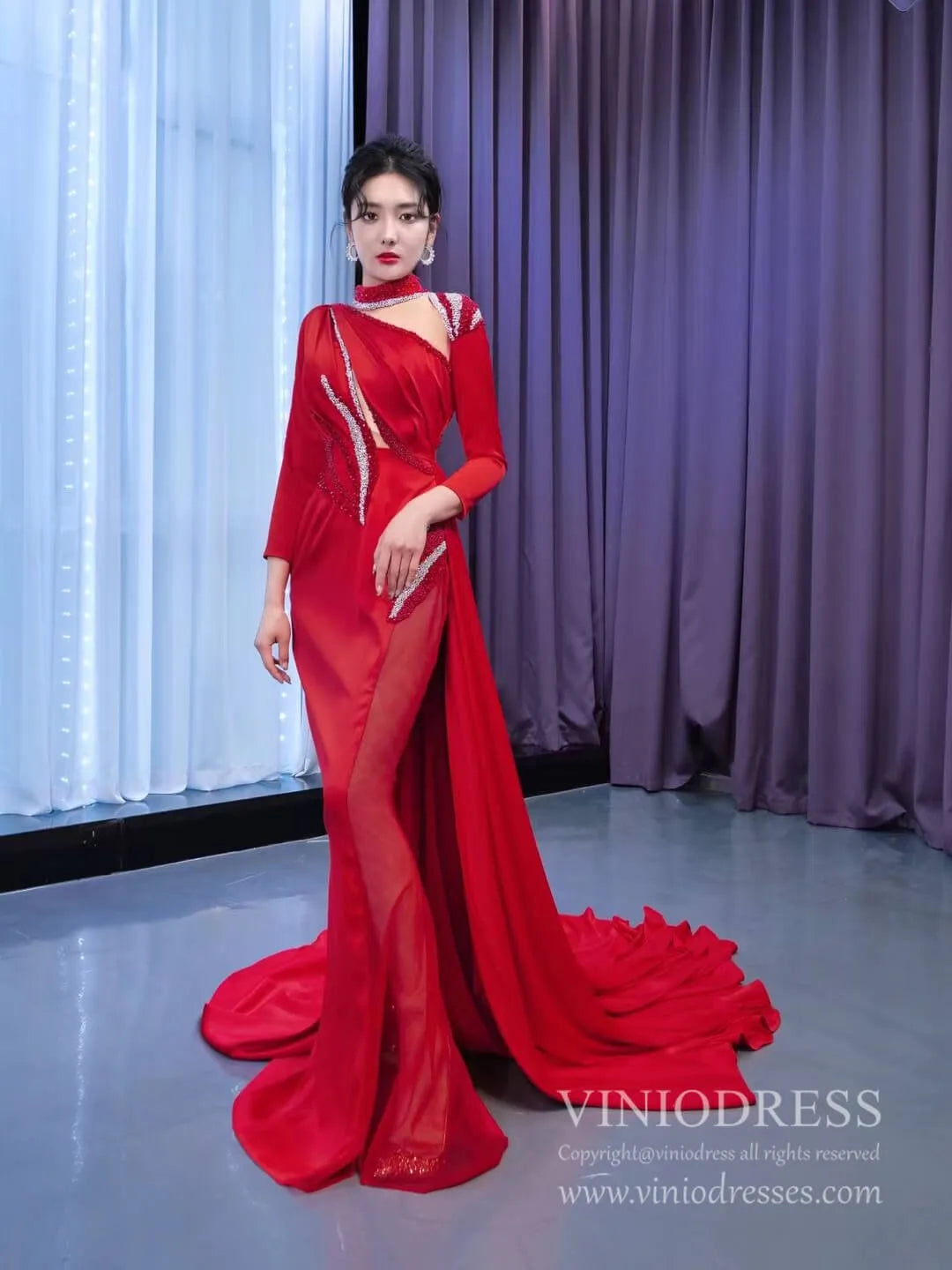 Long Sleeve Red Mermaid Pageant Dress Overskirt Formal Gown 67436-prom dresses 2025 -Viniodress-Red-Custom Size-