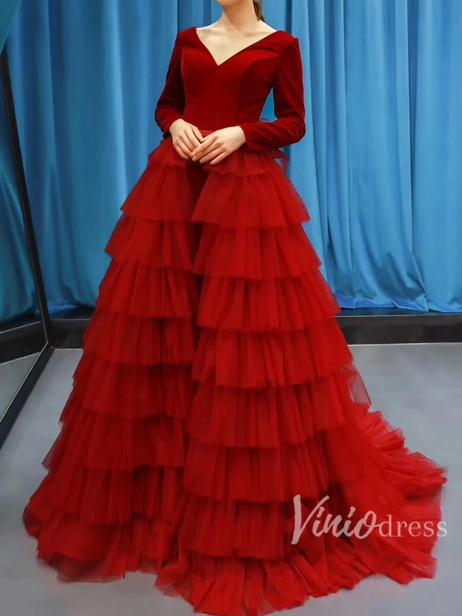 Long Sleeve Red Prom Dresses with Ruffle Skirt Tiered Ball Gown FD1189 viniodress-prom dresses-Viniodress-Viniodress