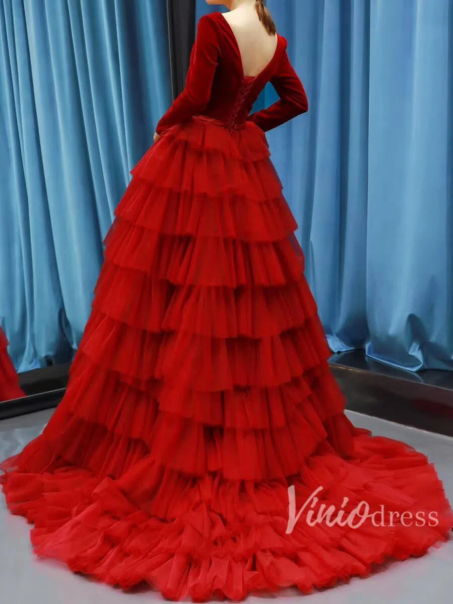 Long Sleeve Red Prom Dresses with Ruffle Skirt Tiered Ball Gown FD1189 viniodress-prom dresses-Viniodress-Viniodress