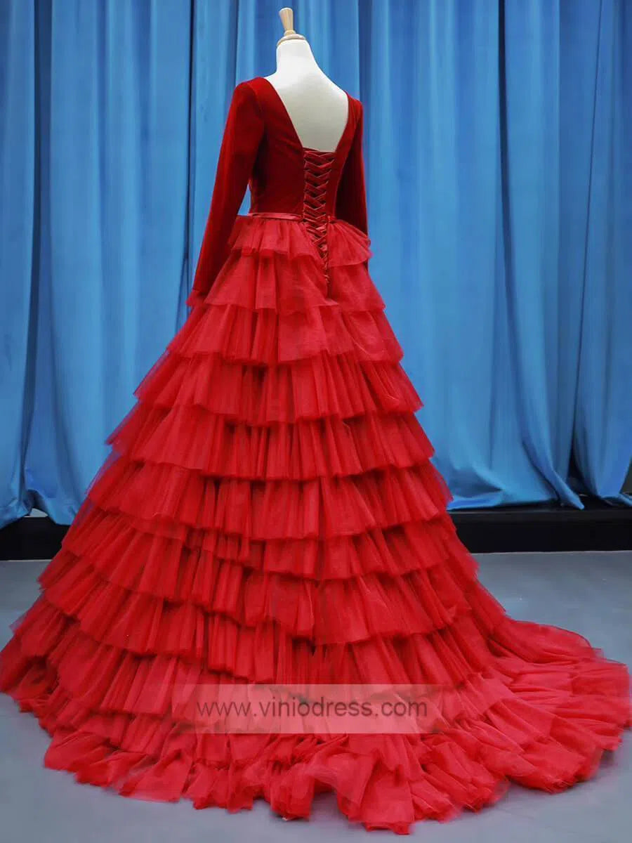 Long Sleeve Red Prom Dresses with Ruffle Skirt Tiered Ball Gown FD1189 viniodress-prom dresses-Viniodress-Viniodress