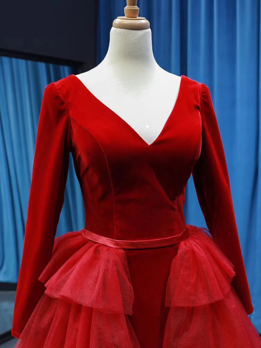 Long Sleeve Red Prom Dresses with Ruffle Skirt Tiered Ball Gown FD1189 viniodress-prom dresses-Viniodress-Viniodress