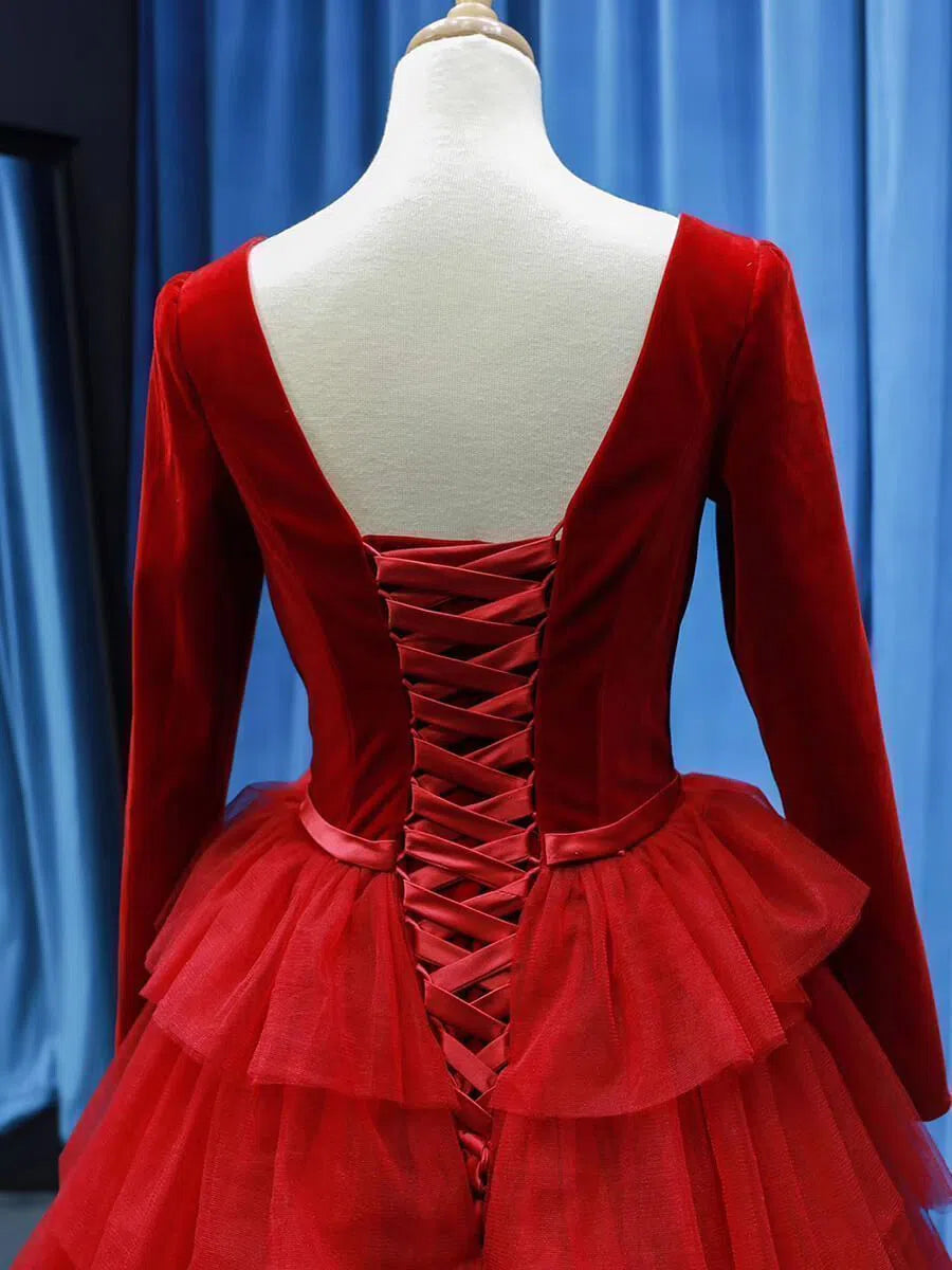 Long Sleeve Red Prom Dresses with Ruffle Skirt Tiered Ball Gown FD1189 viniodress-prom dresses-Viniodress-Viniodress