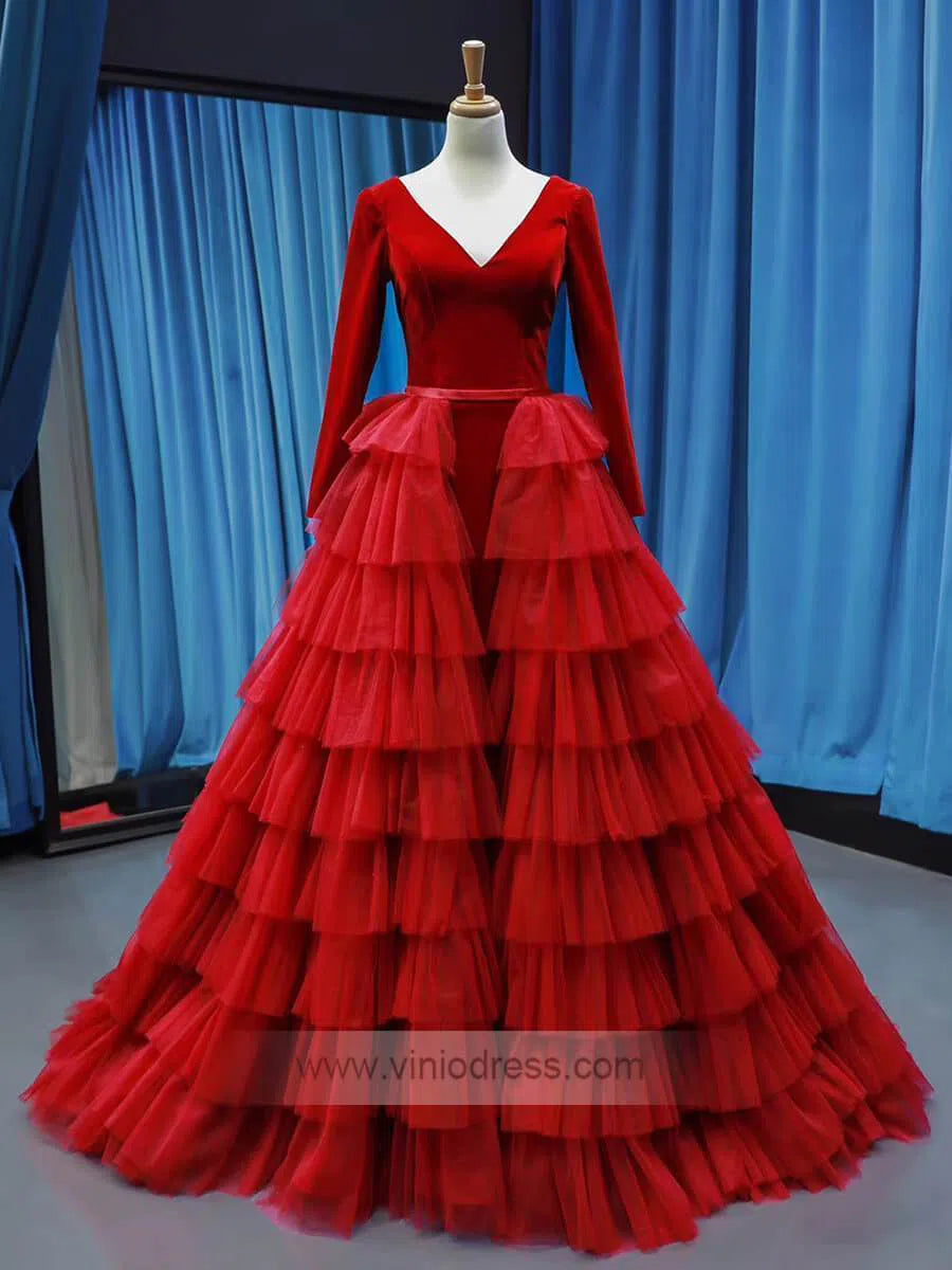 Long Sleeve Red Prom Dresses with Ruffle Skirt Tiered Ball Gown FD1189 viniodress-prom dresses-Viniodress-Rose Red-Custom Size-Viniodress