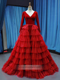 Long Sleeve Red Prom Dresses with Ruffle Skirt Tiered Ball Gown FD1189 viniodress