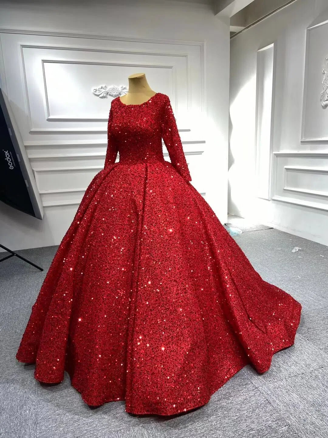 Long Sleeve Red Sequin Ball Gown Glamour Prom Dresses 67121B viniodress-Quinceanera Dresses 2025 -Viniodress-Burgundy-Custom Size-