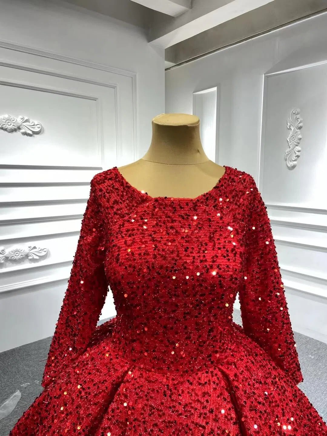 Long Sleeve Red Sequin Ball Gown Glamour Prom Dresses 67121B viniodress-Quinceanera Dresses 2025 -Viniodress-Burgundy-Custom Size-