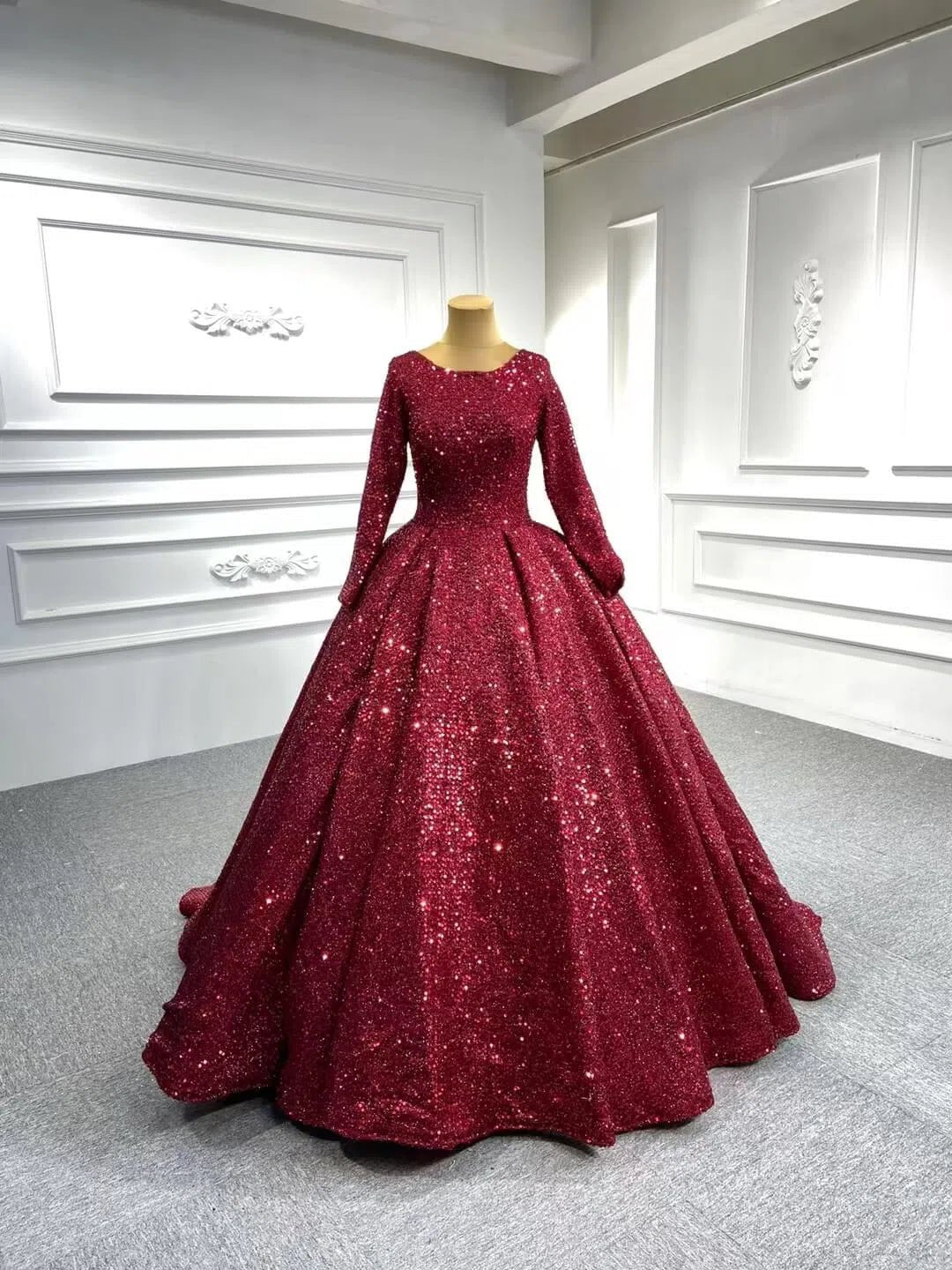 Long Sleeve Red Sequin Ball Gown Glamour Prom Dresses 67121B viniodress-Quinceanera Dresses 2025 -Viniodress-Burgundy-Custom Size-