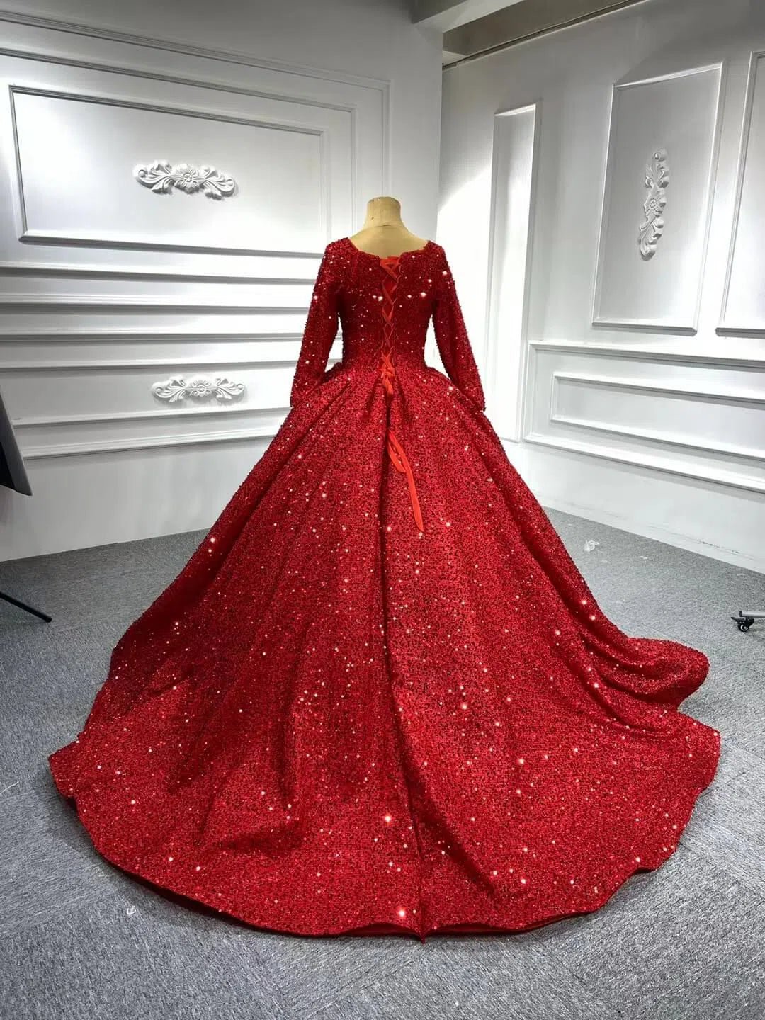 Long Sleeve Red Sequin Ball Gown Glamour Prom Dresses 67121B viniodress-Quinceanera Dresses 2025 -Viniodress-Burgundy-Custom Size-