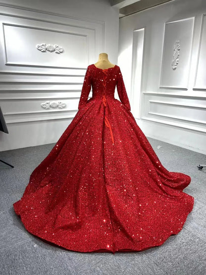 Long Sleeve Red Sequin Ball Gown Glamour Prom Dresses 67121B viniodress-Quinceanera Dresses 2025 -Viniodress-Burgundy-Custom Size-