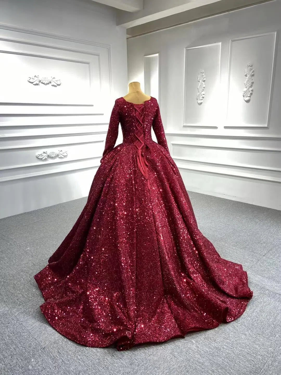 Long Sleeve Red Sequin Ball Gown Glamour Prom Dresses 67121B viniodress-Quinceanera Dresses 2025 -Viniodress-Burgundy-Custom Size-