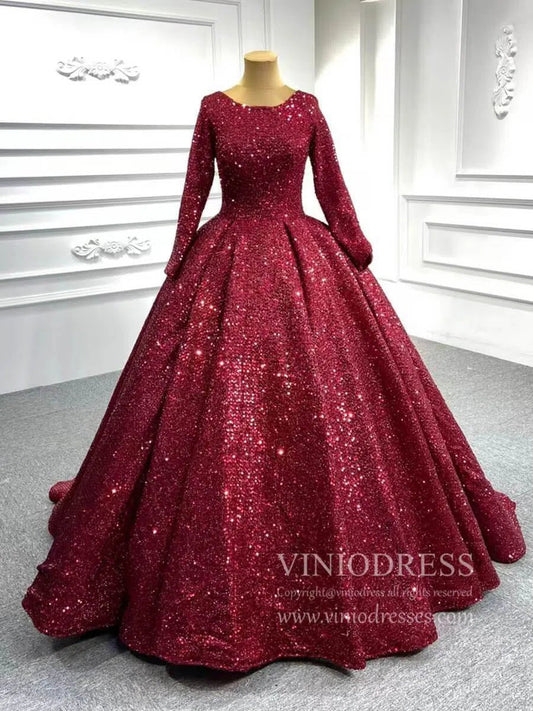 Long Sleeve Red Sequin Ball Gown Glamour Prom Dresses 67121B viniodress-Quinceanera Dresses 2025 -Viniodress-Burgundy-Custom Size-