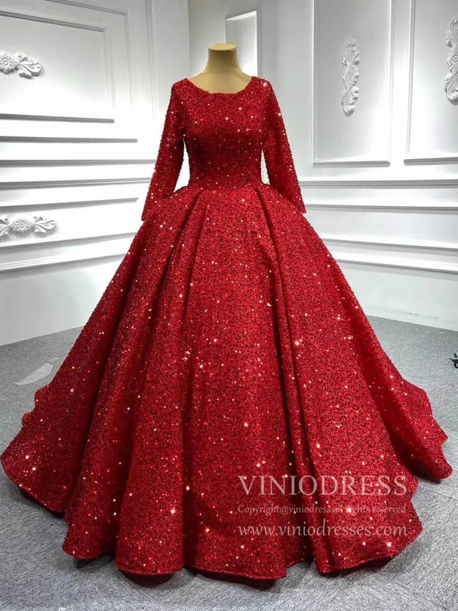 Long Sleeve Red Sequin Ball Gown Glamour Prom Dresses 67121B viniodress-Quinceanera Dresses 2025 -Viniodress-Red-Custom Size-