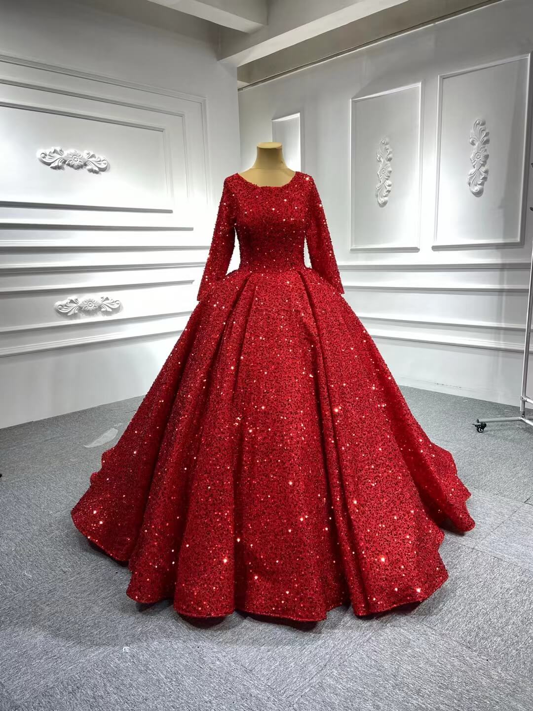 Prom Dress 2025 Long Sleeve Red Sequin Ball Gown Glamour Prom Dresses 67121B viniodress-unique Quinceanera Dresses-Burgundy-Custom Size-Viniodress