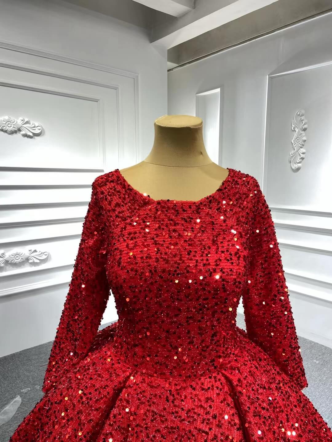 Prom Dress 2025 Long Sleeve Red Sequin Ball Gown Glamour Prom Dresses 67121B viniodress-unique Quinceanera Dresses-Burgundy-Custom Size-Viniodress