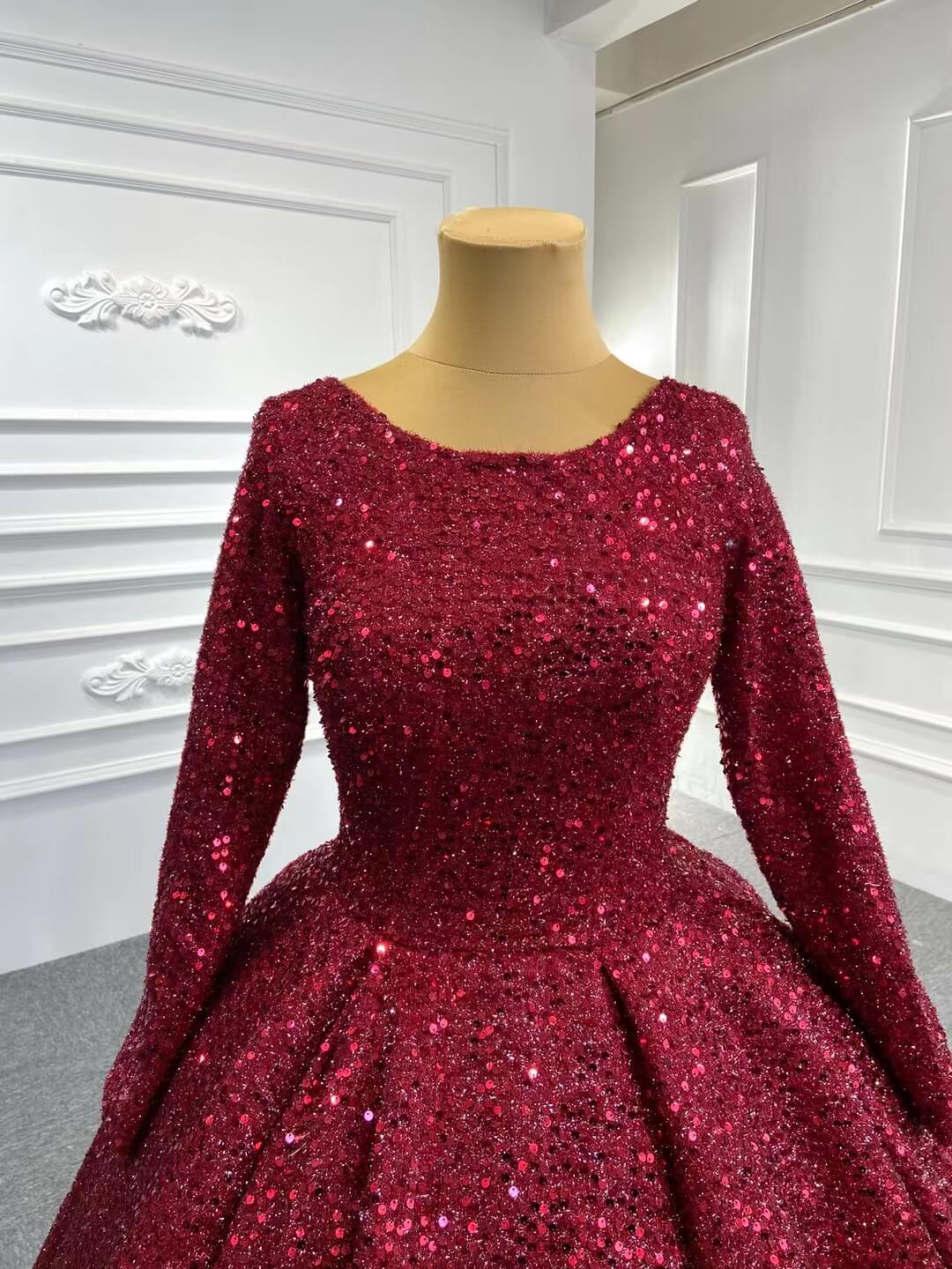 Prom Dress 2025 Long Sleeve Red Sequin Ball Gown Glamour Prom Dresses 67121B viniodress-unique Quinceanera Dresses-Burgundy-Custom Size-Viniodress