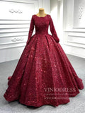 Prom Dress 2025 Long Sleeve Red Sequin Ball Gown Glamour Prom Dresses 67121B viniodress-unique Quinceanera Dresses-Burgundy-Custom Size-Viniodress