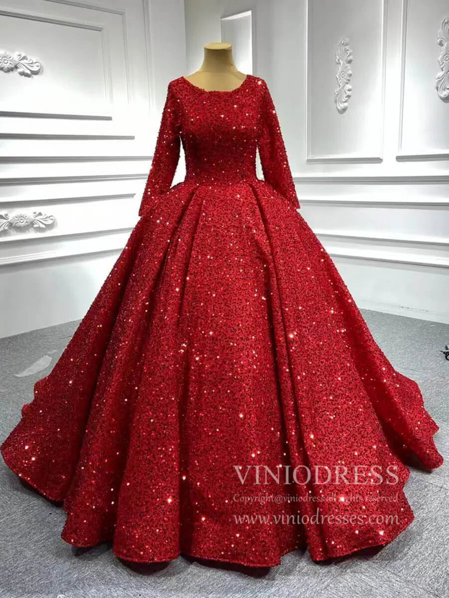 Quinceanera Dresses 2025 Long Sleeve Red Sequin Ball Gown Glamour Prom Dresses 67121B viniodress-plus size wedding dresses Viniodress-Red-Custom Size-