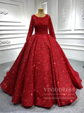 Prom Dress 2025 Long Sleeve Red Sequin Ball Gown Glamour Prom Dresses 67121B viniodress-unique Quinceanera Dresses-Red-Custom Size-Viniodress