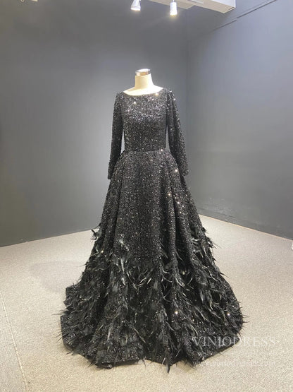 Long Sleeve Red Sequin Prom Dresses Feather Evening Dress 67124-prom dresses 2025 -Viniodress-Black-Custom Size-