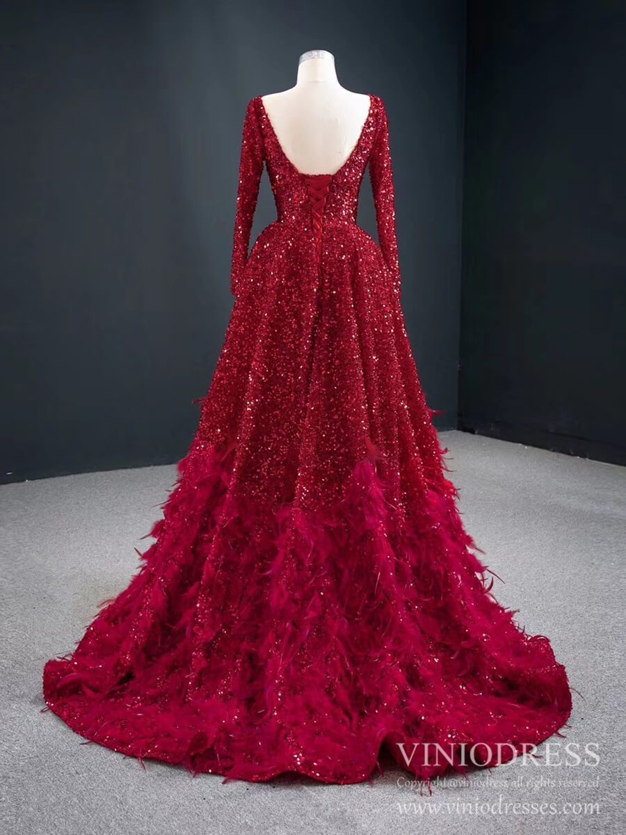 Long Sleeve Red Sequin Prom Dresses Feather Evening Dress 67124-prom dresses 2025 -Viniodress-Red-Custom Size-