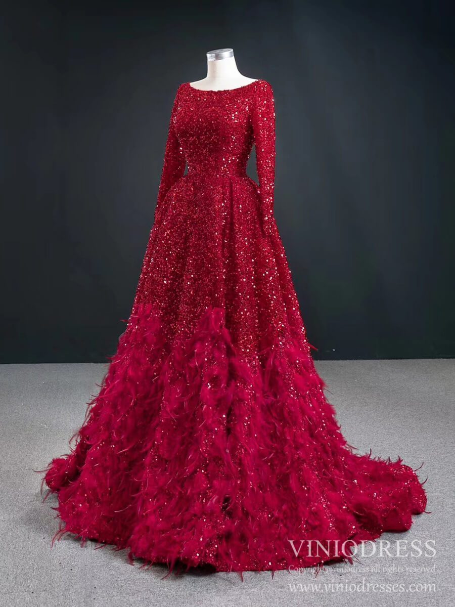 Long Sleeve Red Sequin Prom Dresses Feather Evening Dress 67124-prom dresses 2025 -Viniodress-Red-Custom Size-