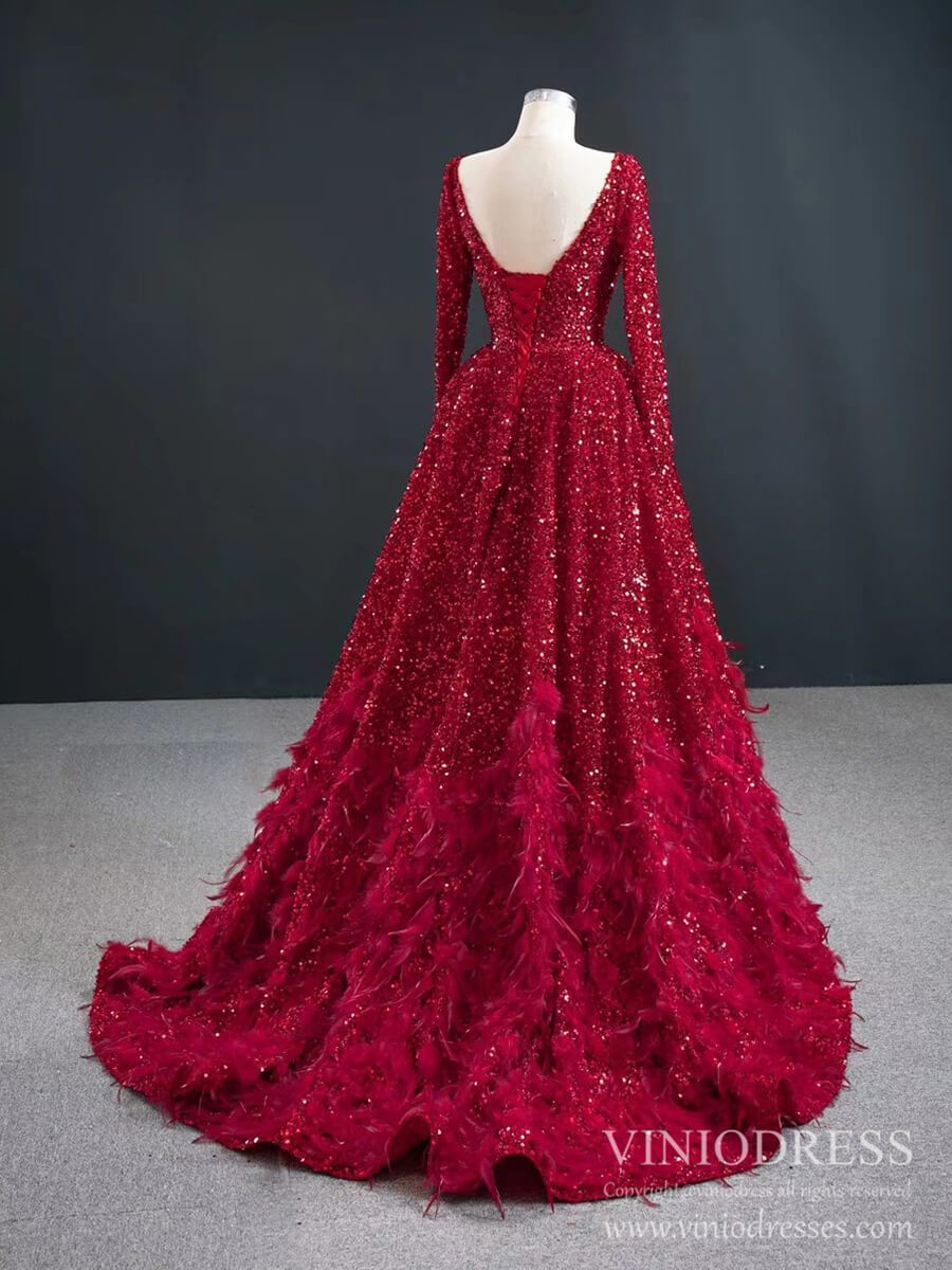 Long Sleeve Red Sequin Prom Dresses Feather Evening Dress 67124-prom dresses 2025 -Viniodress-Red-Custom Size-