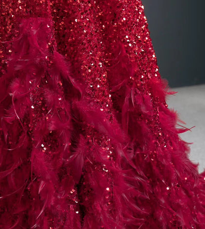Long Sleeve Red Sequin Prom Dresses Feather Evening Dress 67124-prom dresses 2025 -Viniodress-Red-Custom Size-