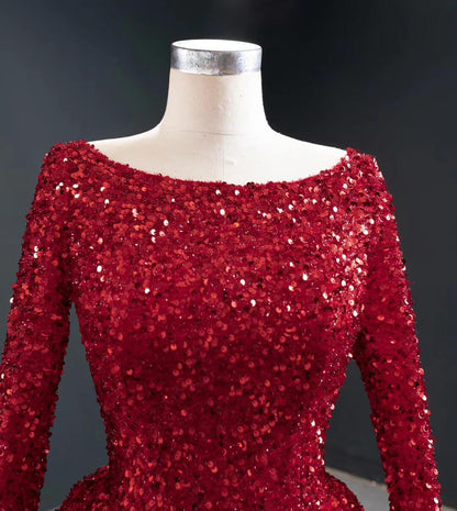 Long Sleeve Red Sequin Prom Dresses Feather Evening Dress 67124-prom dresses 2025 -Viniodress-Red-Custom Size-