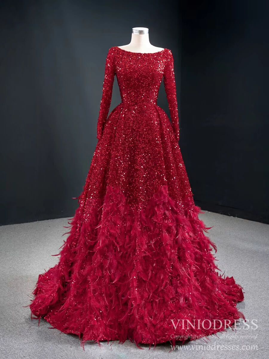 Long Sleeve Red Sequin Prom Dresses Feather Evening Dress 67124-prom dresses 2025 -Viniodress-Red-Custom Size-