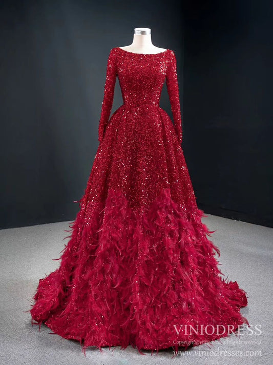 Long Sleeve Red Sequin Prom Dresses Feather Evening Dress 67124-prom dresses 2025 -Viniodress-Red-Custom Size-