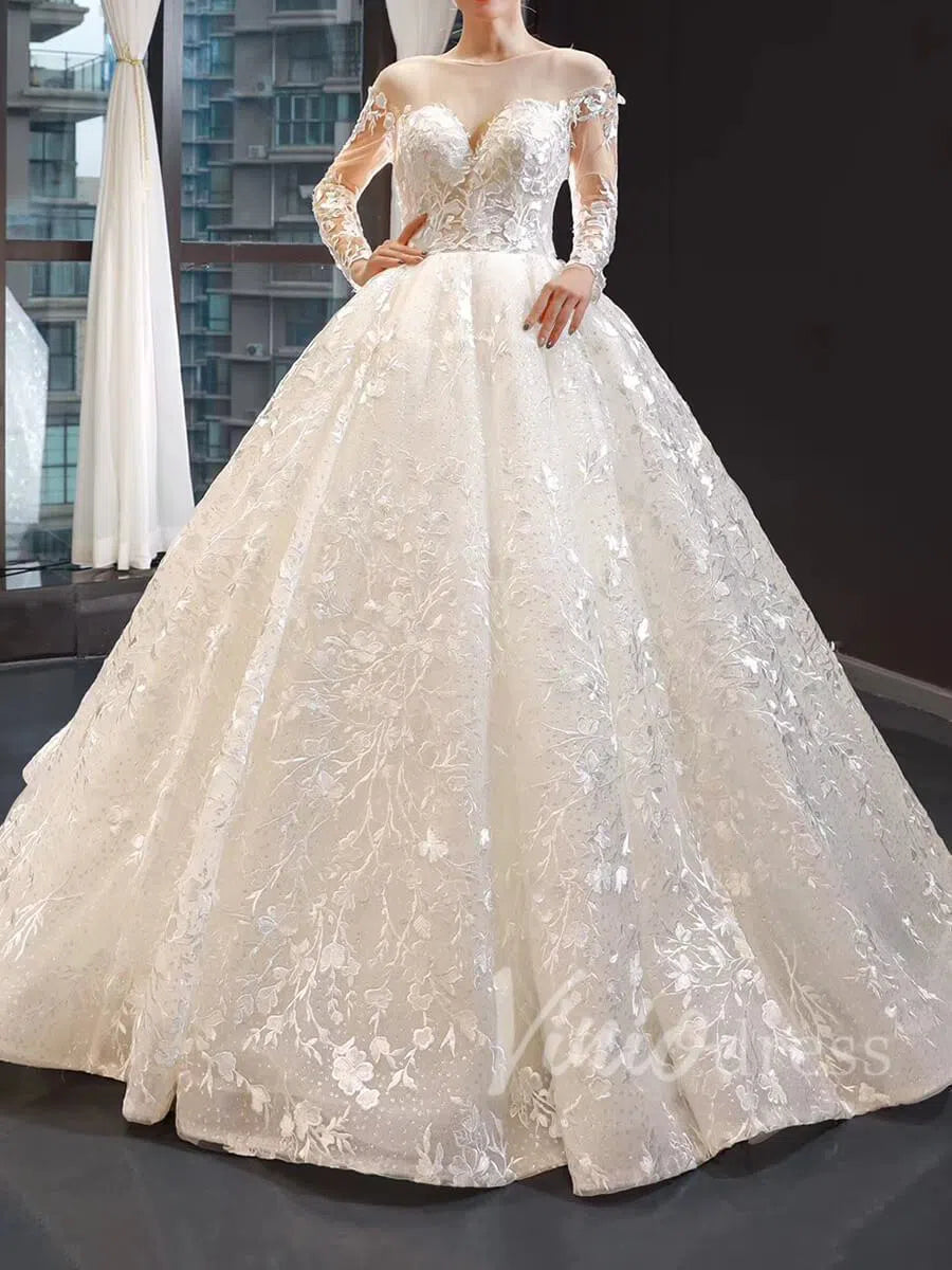 Long Sleeve Red Wedding Dresses Ball Gown Bridal Dress VW1274-wedding dresses 2025 -Viniodress-Ivory-Custom Size-