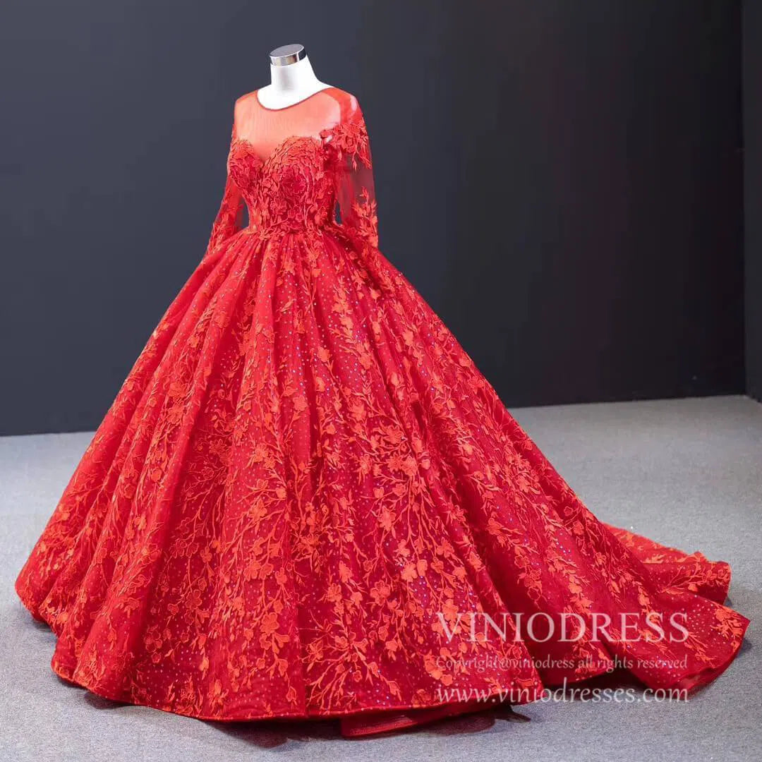 Long Sleeve Red Wedding Dresses Ball Gown Bridal Dress VW1274-wedding dresses 2025 -Viniodress-Red-Custom Size-