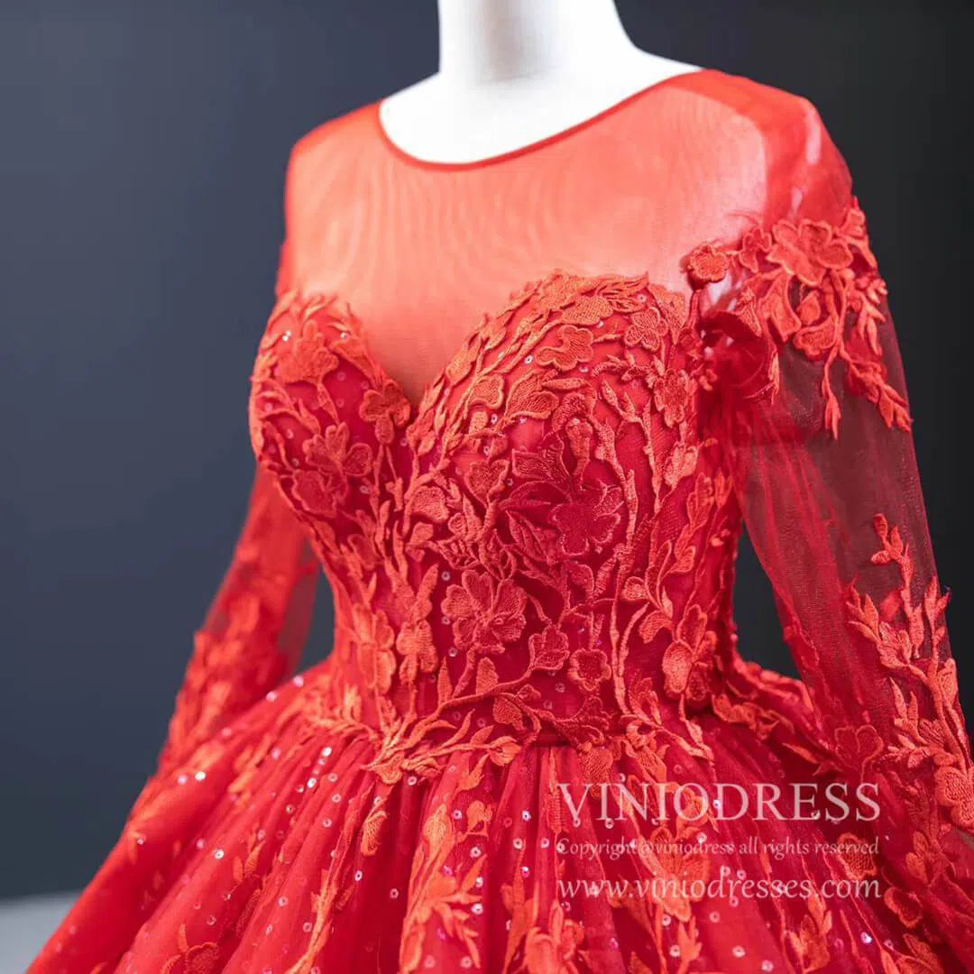 Long Sleeve Red Wedding Dresses Ball Gown Bridal Dress VW1274-wedding dresses 2025 -Viniodress-Red-Custom Size-