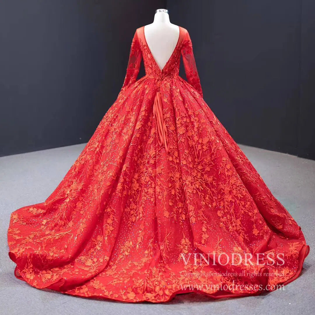 Long Sleeve Red Wedding Dresses Ball Gown Bridal Dress VW1274-wedding dresses 2025 -Viniodress-Red-Custom Size-
