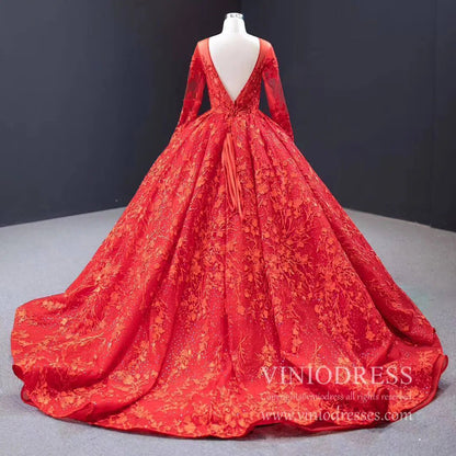 Long Sleeve Red Wedding Dresses Ball Gown Bridal Dress VW1274-wedding dresses 2025 -Viniodress-Red-Custom Size-