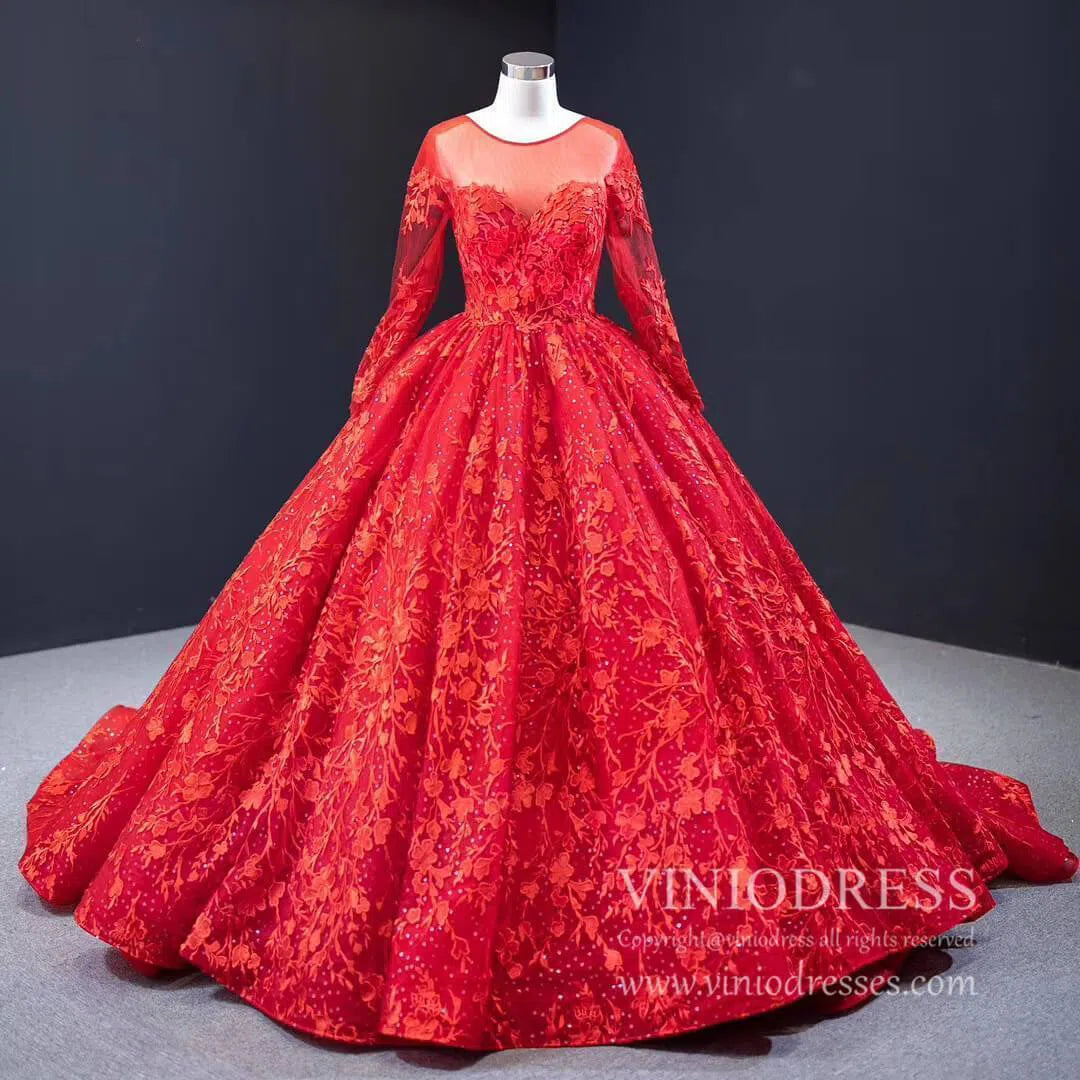 Prom Dress 2025 Long Sleeve Red Wedding Dresses Ball Gown Bridal Dress VW1274-unique wedding dresses-Red-Custom Size-Viniodress