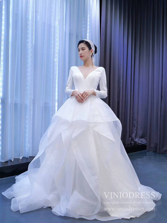 Long Sleeve Ruffled Tulle Wedding Dress Simple V-neck Ball Gown 67310-wedding dresses 2025 -Viniodress-Ivory-Custom Size-