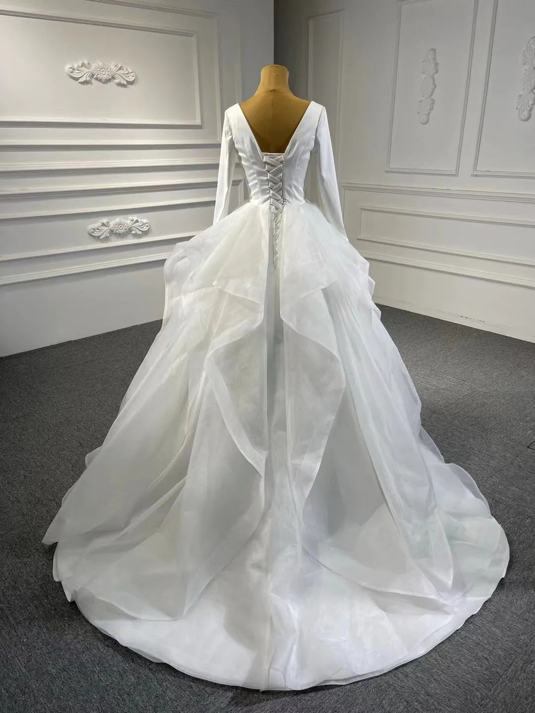 Long Sleeve Ruffled Tulle Wedding Dress Simple V-neck Ball Gown 67310-wedding dresses 2025 -Viniodress-Ivory-Custom Size-