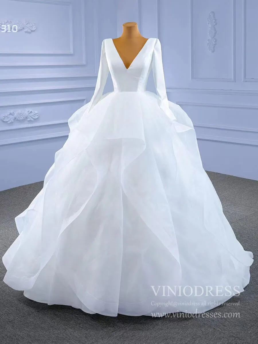 Long Sleeve Ruffled Tulle Wedding Dress Simple V-neck Ball Gown 67310-wedding dresses 2025 -Viniodress-Ivory-Custom Size-