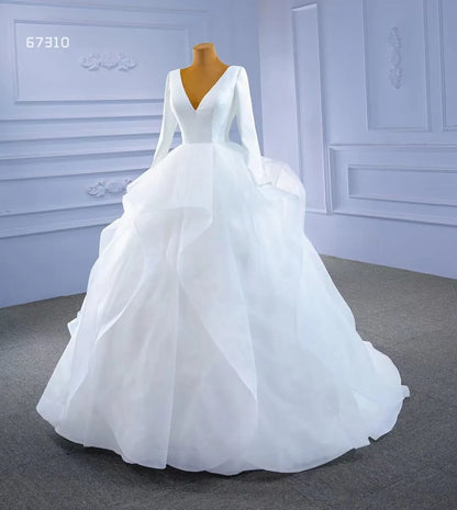 Long Sleeve Ruffled Tulle Wedding Dress Simple V-neck Ball Gown 67310-wedding dresses 2025 -Viniodress-Ivory-Custom Size-