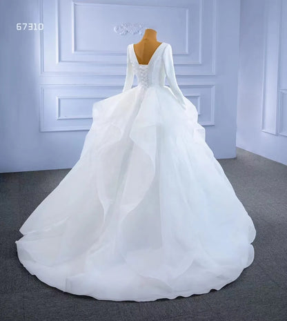 Long Sleeve Ruffled Tulle Wedding Dress Simple V-neck Ball Gown 67310-wedding dresses 2025 -Viniodress-Ivory-Custom Size-